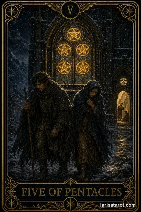 Karte Fünf der Münzen aus dem Larisa-Deck