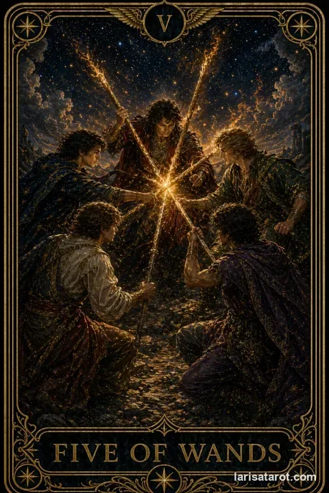 Karte Fünf der Stäbe aus dem Larisa-Deck